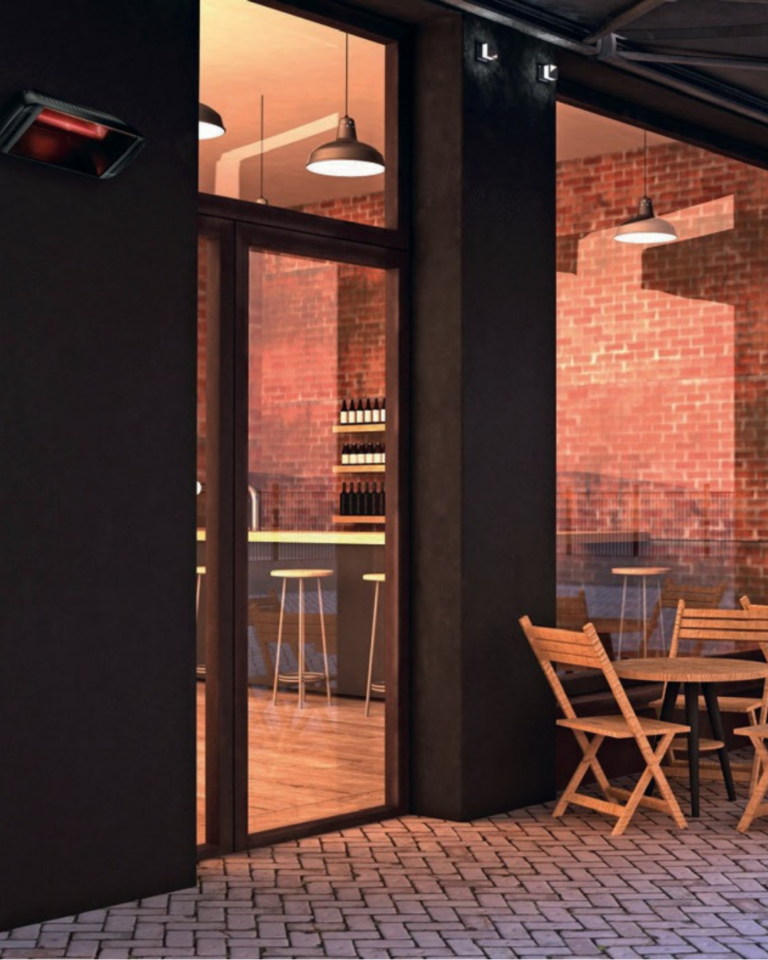 riscaldamento spazi esterni con lampade a infrarossi in ristorante all'aperto