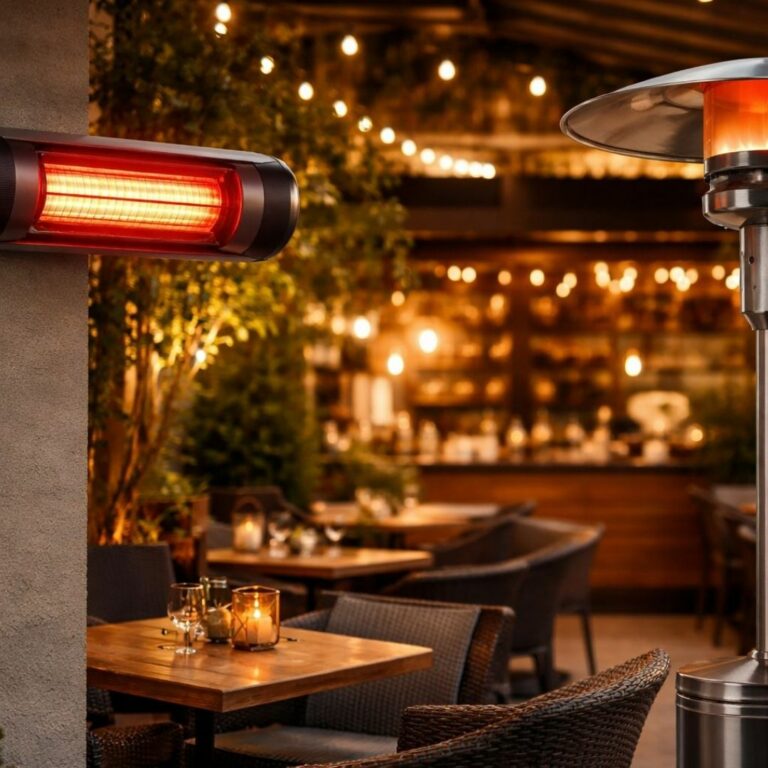 Riscaldamento spazi esterni con lampade a infrarossi e fungo a gas in ristorante