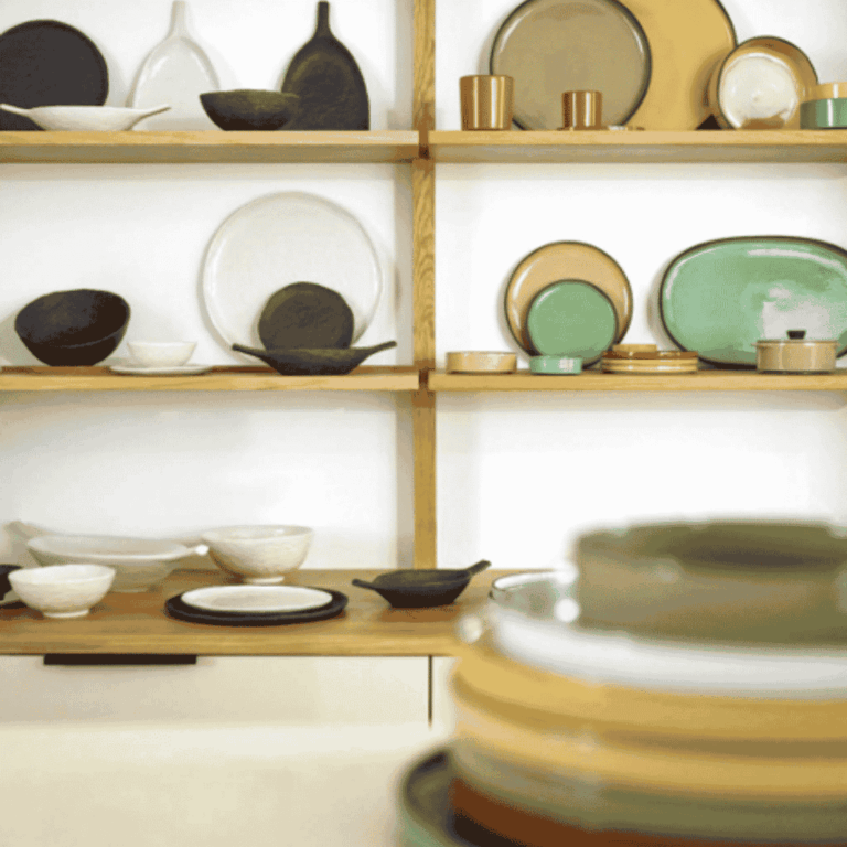 Allestimento buffet moderno con piatti e porcellane culinarie modulari De Luca